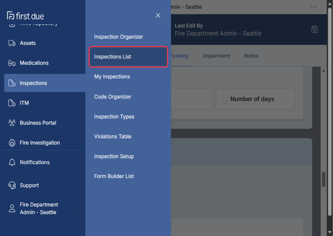 Click on Inspections List