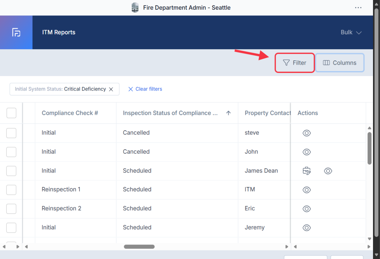 Click on Filter to look for specific ITM Report criteria.