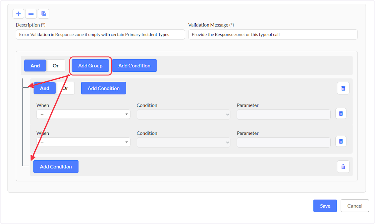 When selecting the Add Group button a set of conditions (rules) that must be met based on the logic defined either by all (And) or any (Or) in order to trigger the workflow.