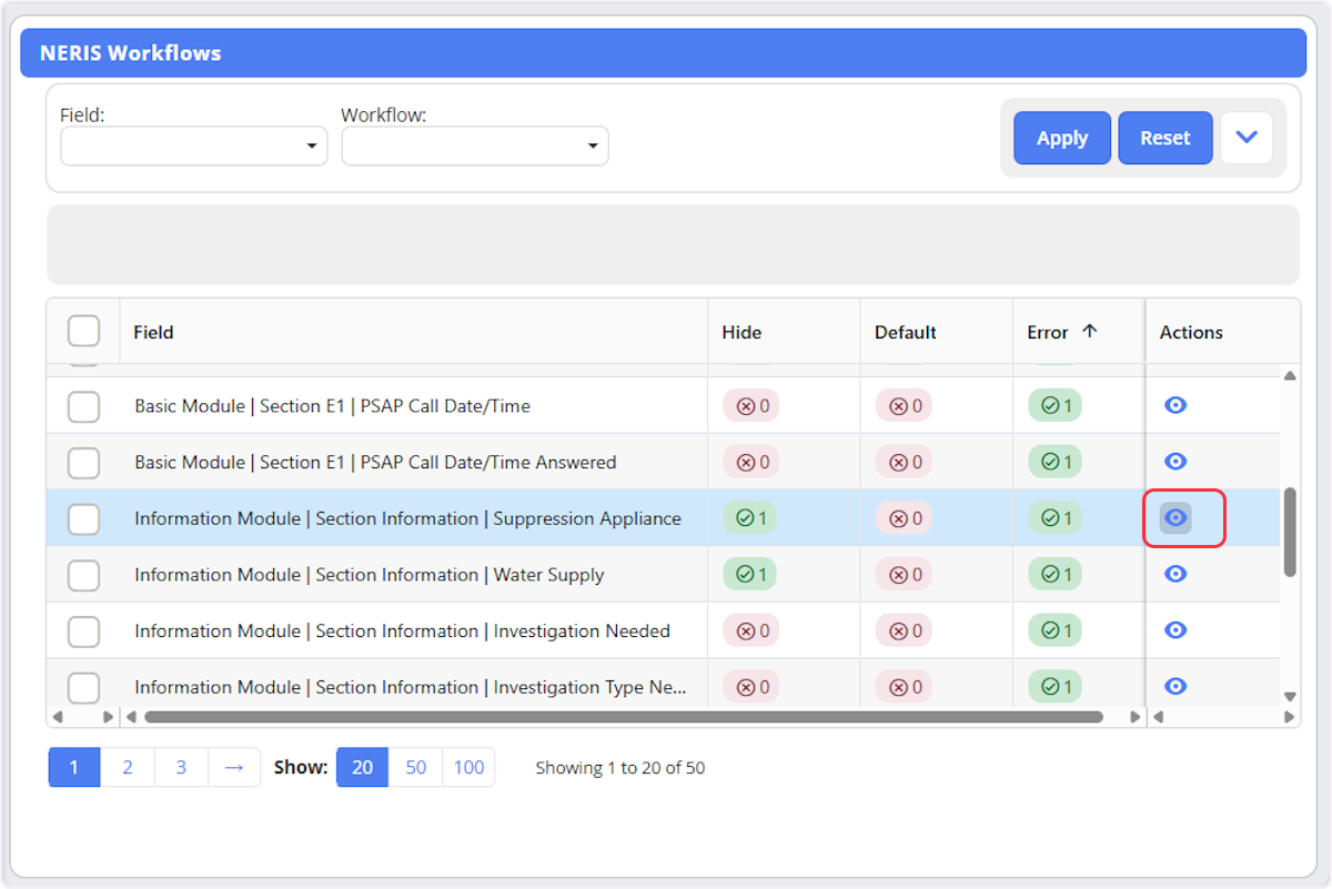 Selecting on the eye icon within the Actions column will allow you to view the workflow.