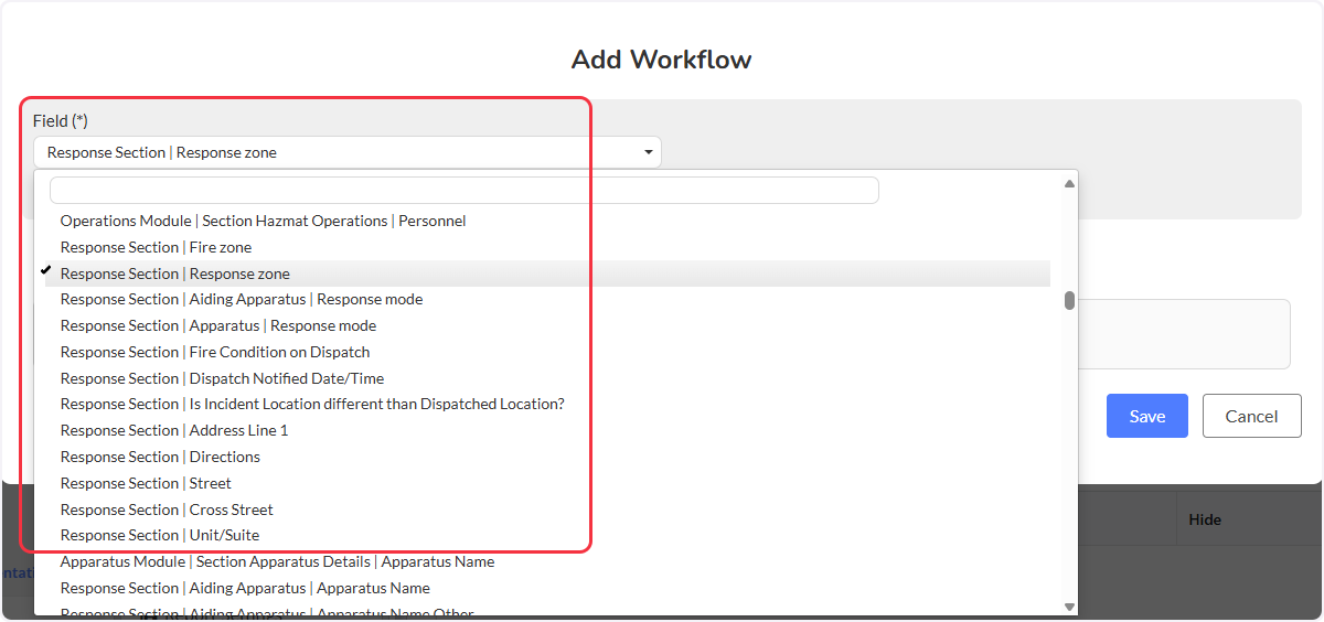 When creating a new workflow choose a field to add a workflow by either searching or scrolling to find the appropriate field.
