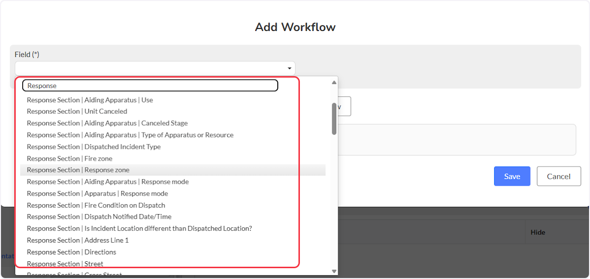 When creating a new workflow choose a field to add a workflow by either searching or scrolling to find the appropriate field.