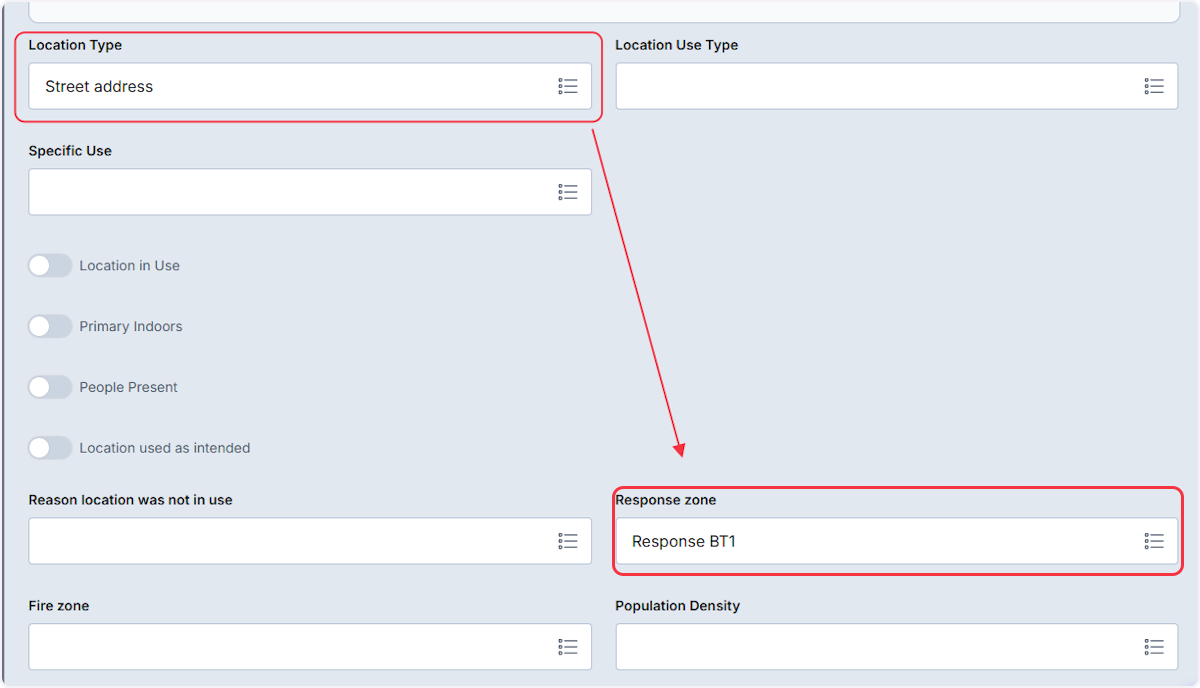 For this workflow the Response zone condition was met and the default value was set by entering the Location Type although the Location Use Type was not entered.