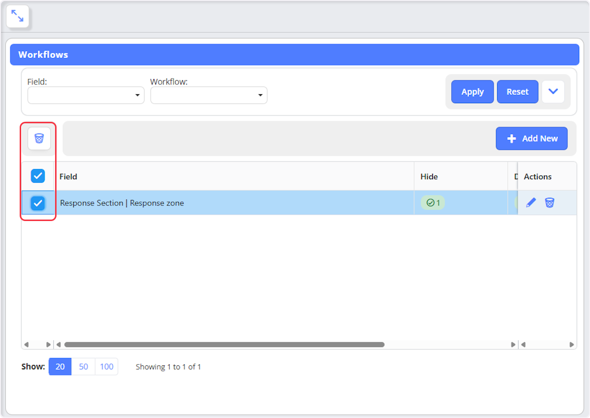 You are also able to delete workflows in bulk using the check box or boxes to select then using the Trashcan icon to delete the selected workflows.