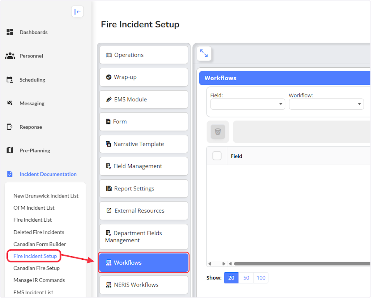 Lets navigate to the Fire Incident Setup within the Incident Documentation module and select on Workflows.