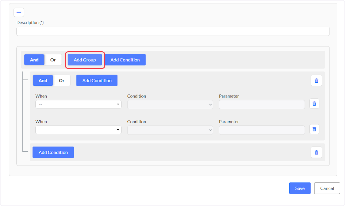 When selecting the Add Group button enter a set of conditions (rules) that must be met based on the logic defined either by all (And) or any (Or) in order to trigger the workflow.