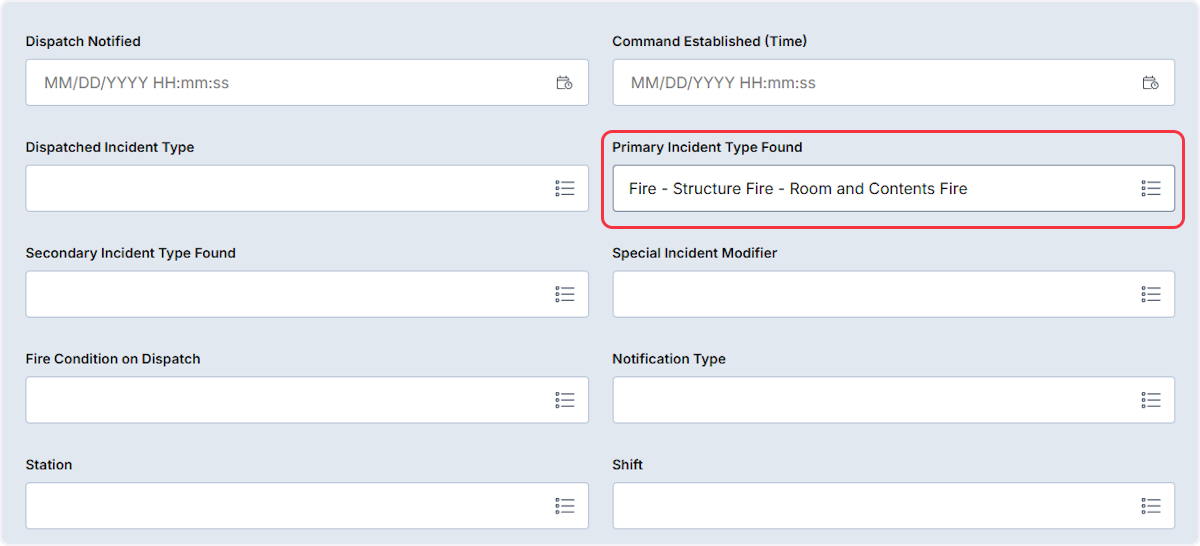 Now from within a fire report when the Primary Incident Type Found is set as one of the chosen parameters from step 8.