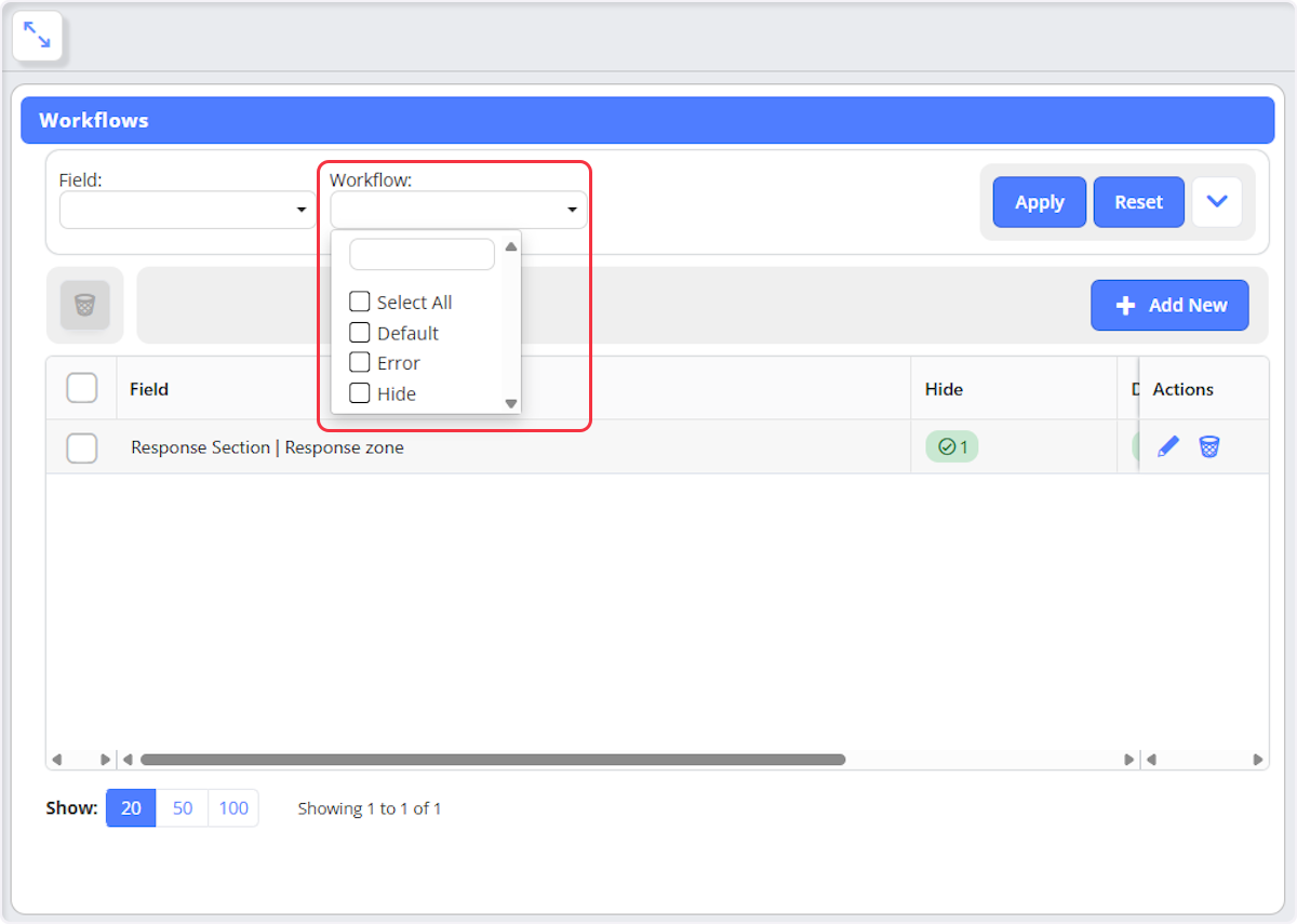 When searching by Workflow using the dropdown select on any workflow or workflows to filter.