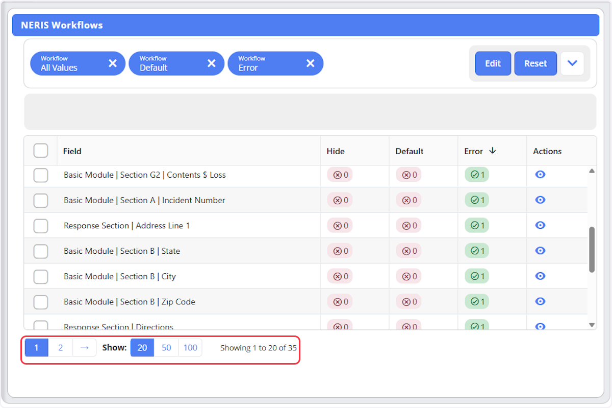 Navigate between pages or select how many workflows will display per page 20, 50, or 100.