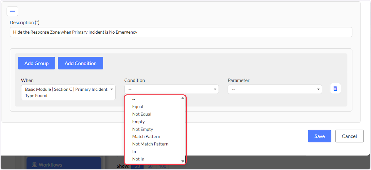 Choose a condition in which parameters can be met in your workflow.