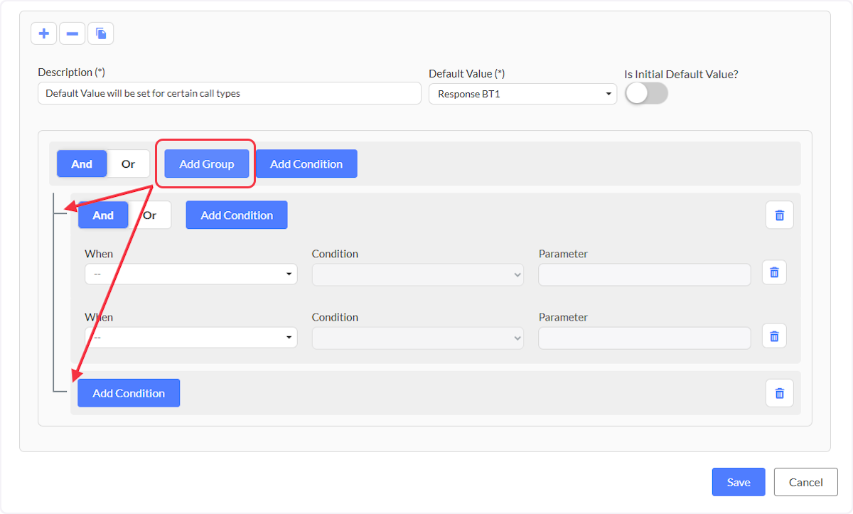When selecting the Add Group button enter a set of conditions (rules) that must be met based on the logic defined either by all (And) or any (Or) in order to trigger the workflow.