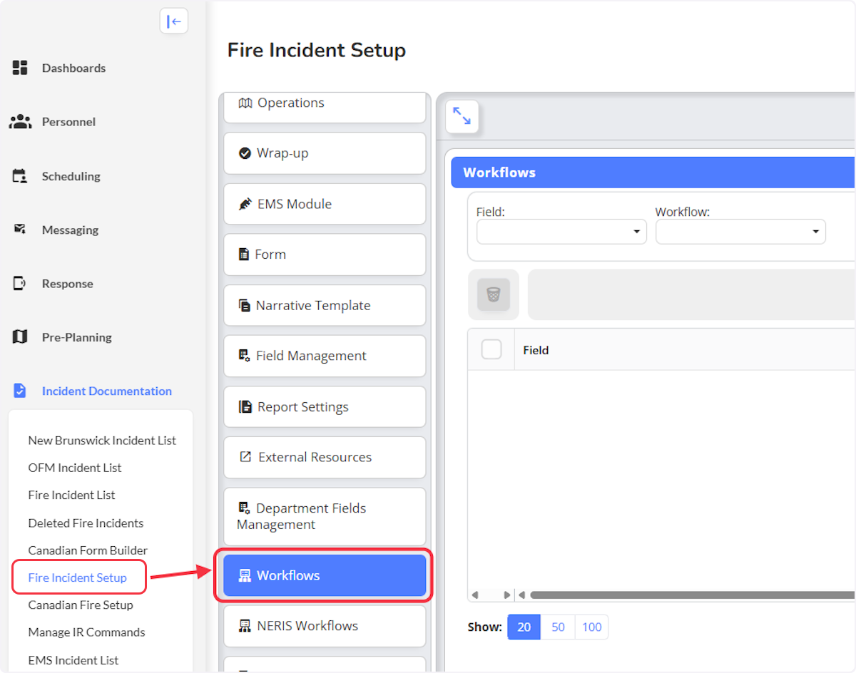 Lets navigate to the Fire Incident Setup within the Incident Documentation module and select on Workflows.