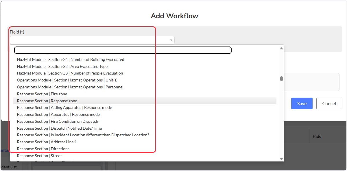 When creating a new workflow choose a field to add a workflow by either searching or scrolling to find the appropriate field.