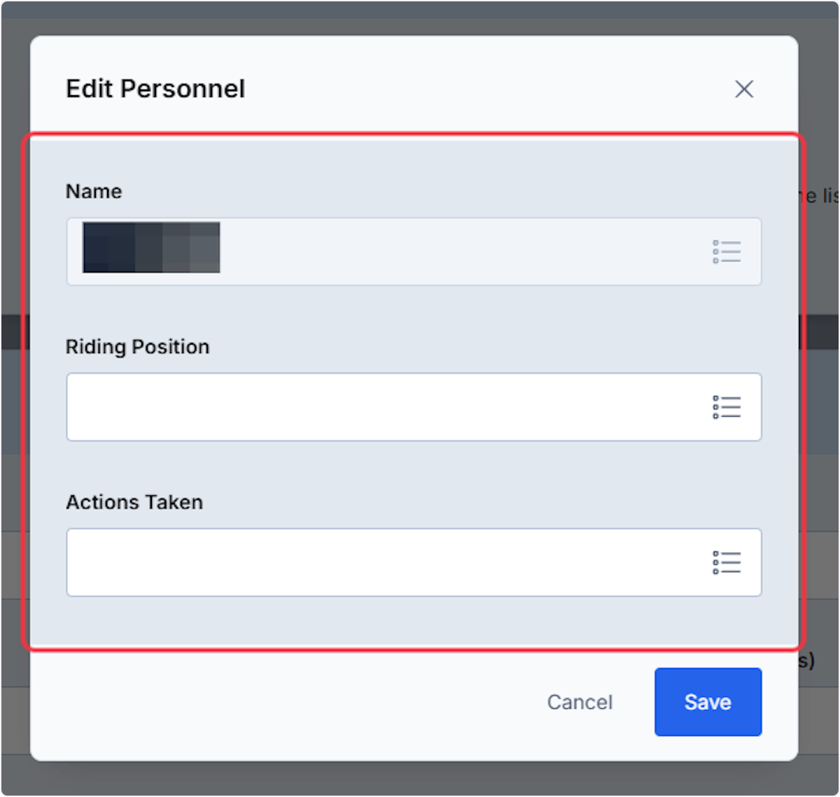 When editing personnel you are able document a riding position along with what actions this individual did.