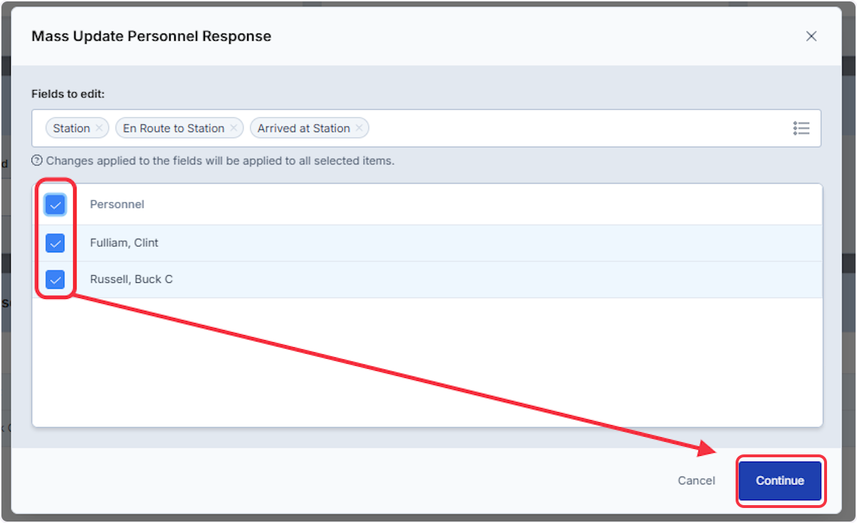 Now select on the personnel you want to edit the chosen fields then select Continue.