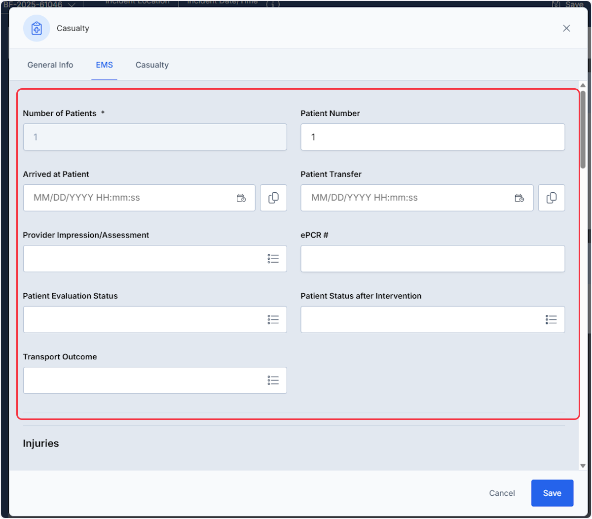 From the EMS tab now document all related information needed.