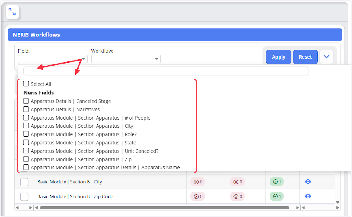 You can search NERIS Workflows by Field using the dropdown and selecting all fields that apply.