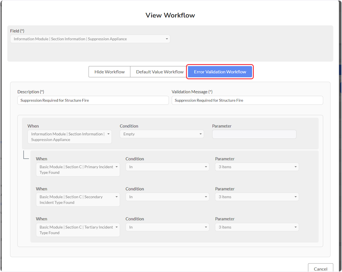 The field selected had two workflows created so we can select on Error Validation to view.