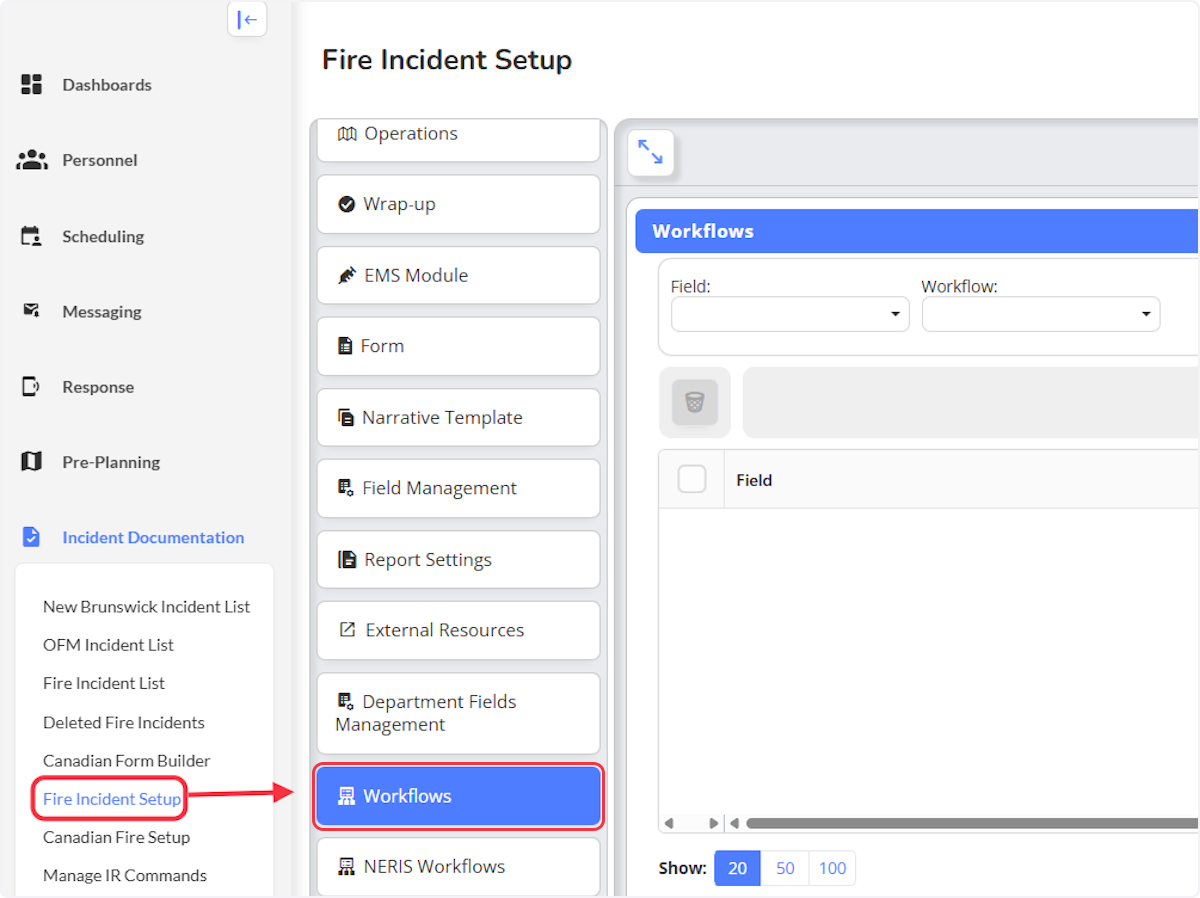 Lets navigate to the Fire Incident Setup within the Incident Documentation module and select on Workflows.