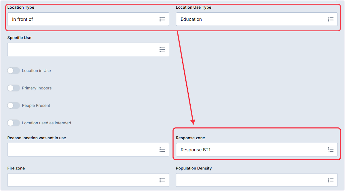 Notice the Location Type does not equal Street address however the condition for Location Use Type is met so Response zone is set to the default value.