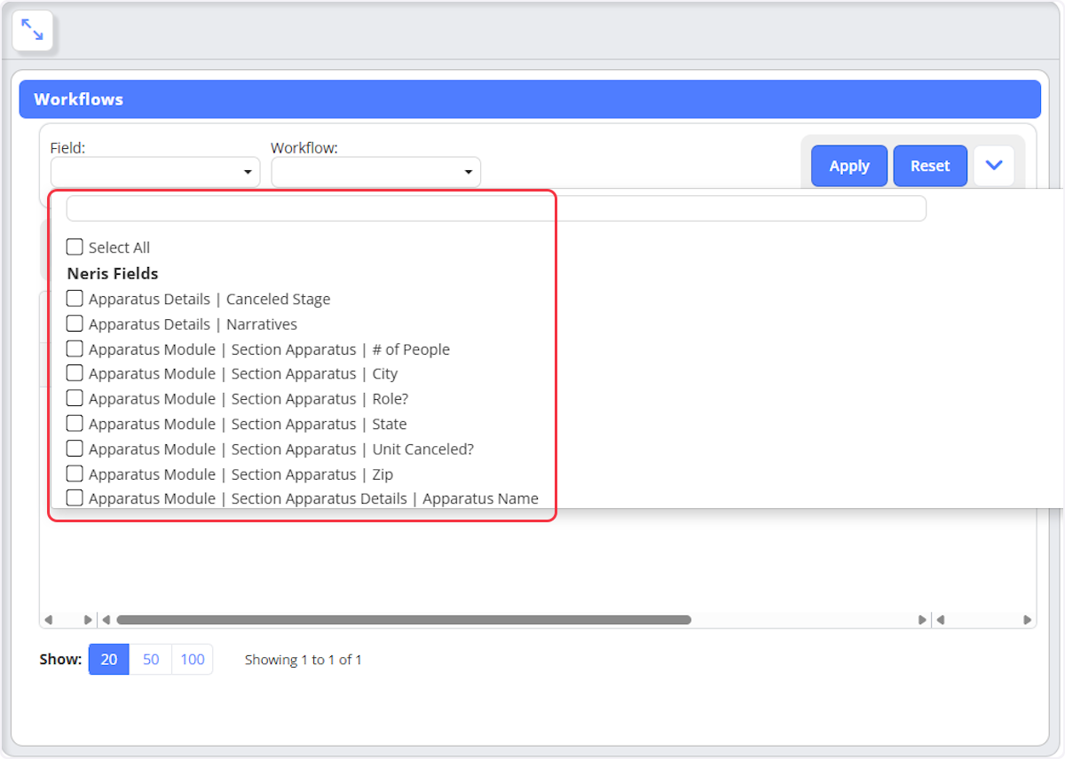 When searching by Field use the dropdown and either scroll or use the search bar to begin finding the field or fields to filter.