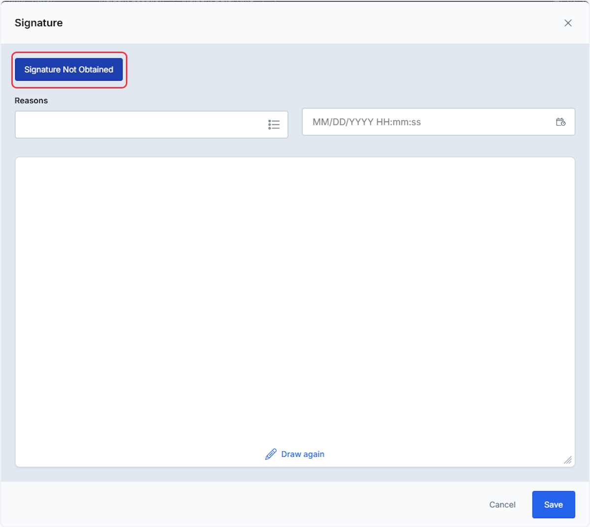 If patient is not able to sign select the Signature Not Obtained button.