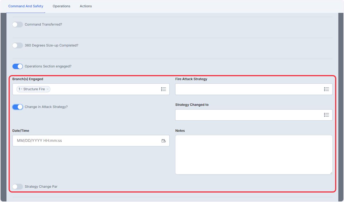 Pending on what branch or branches selected new fields may populate along with areas in the Operations tab.