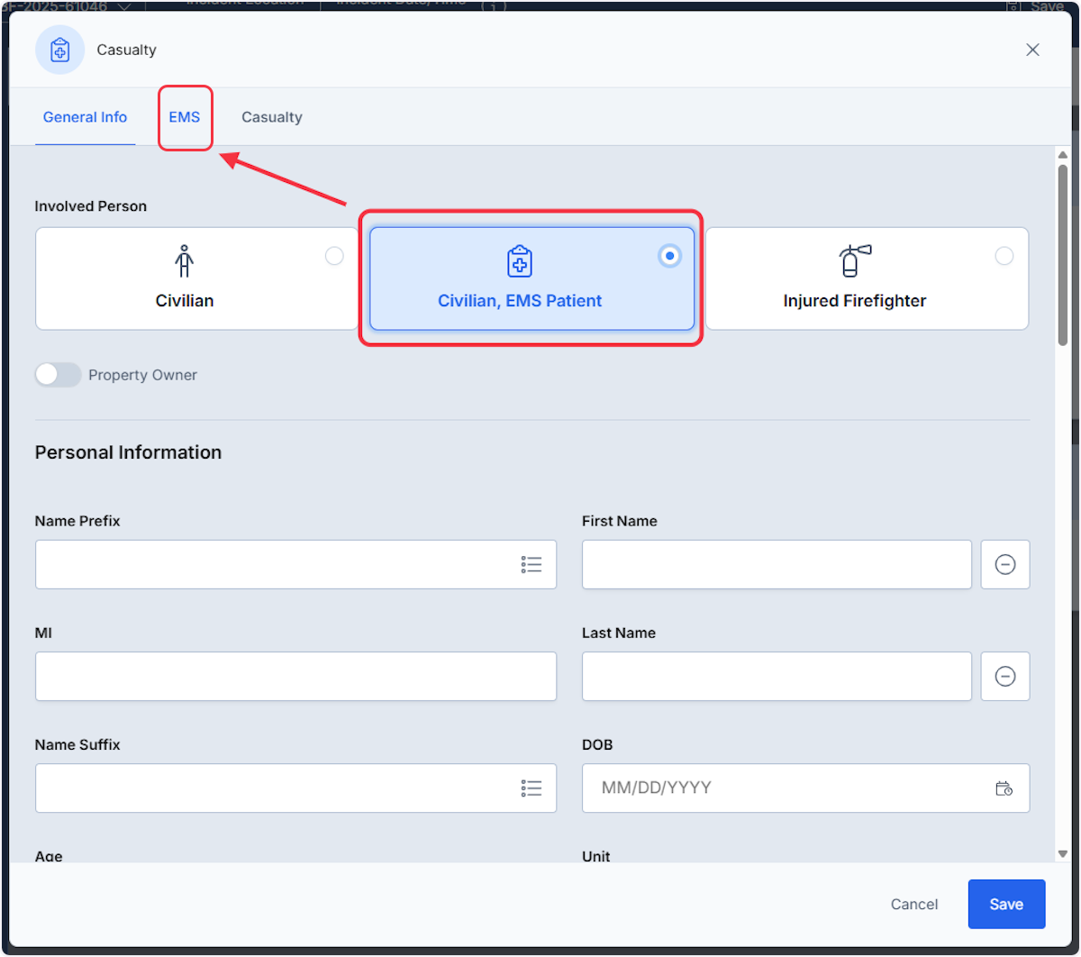 From the modal when selecting the Civilian, EMS Patient the EMS tab will become active.
