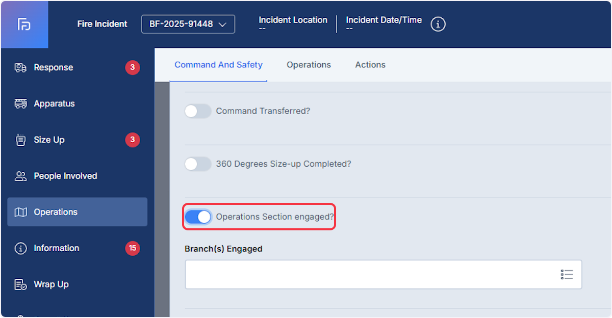 The Operations Section engaged toggle can be located in the Operations section within the Command and Safety tab.