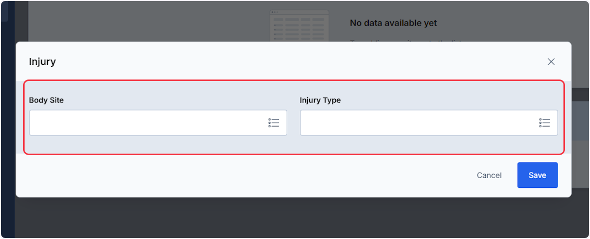 From the Injury modal now use the dropdown or list view to document the Body Site and Injury Type.
