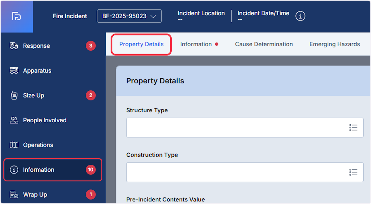 While in a fire report from the Information section select the Property Details.