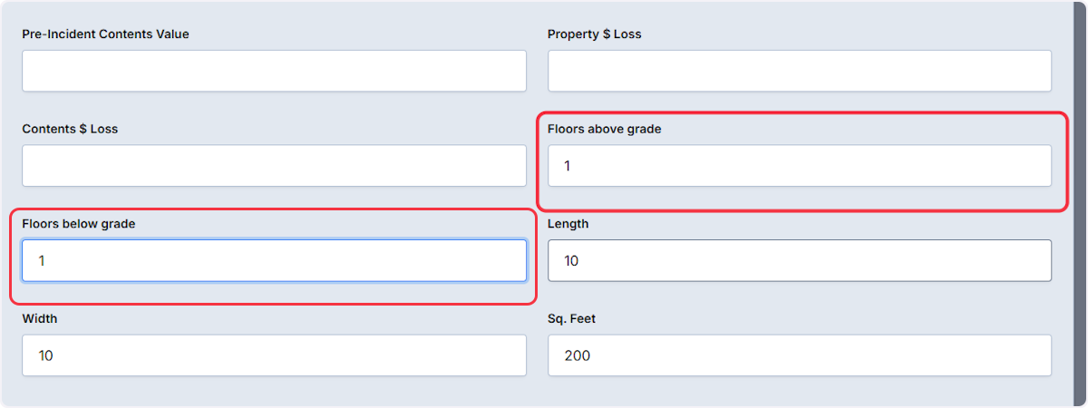 When entering information into either Floors above grade, Floors below grade, or both fields will then auto calculate the square footage.