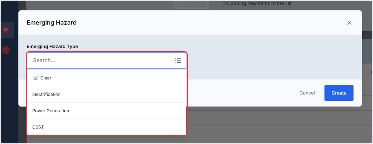 From the dropdown select which Emerging Hazard Type you wish to document.