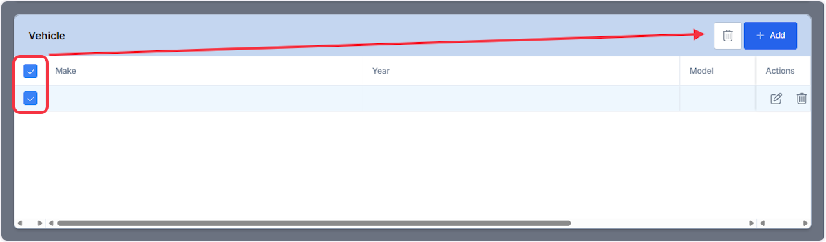 To bulk delete vehicles select the check box next to the vehicles you wish to delete then select the trash can icon.