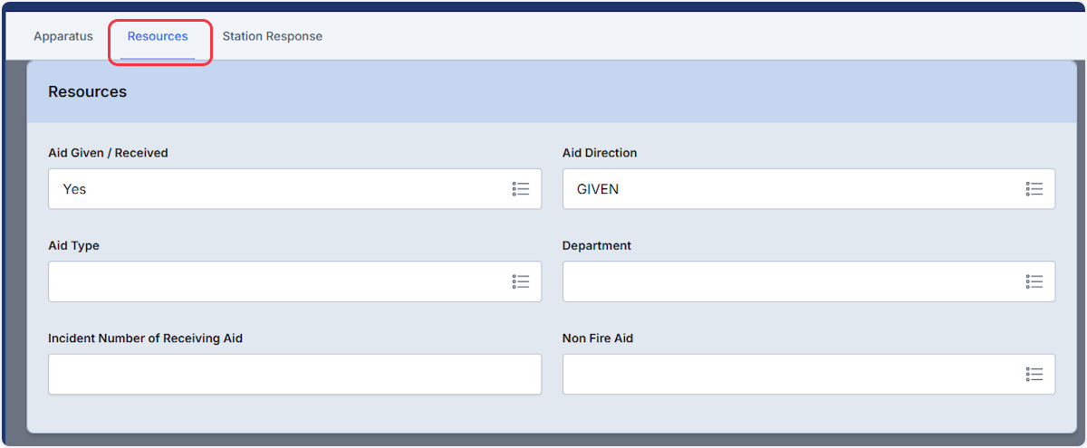 From the Resources tab you will be able to document if Aid was given or received along with Aid Type.