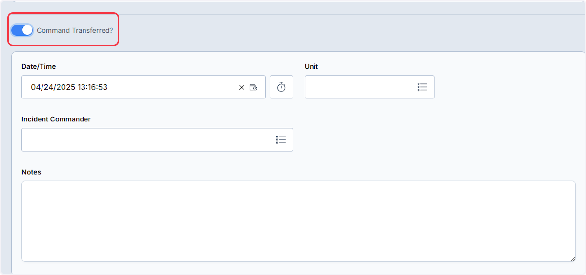 When Command Transferred is enabled you are able to document who Command was transferred to in the same fashion as the Incident Commander.
