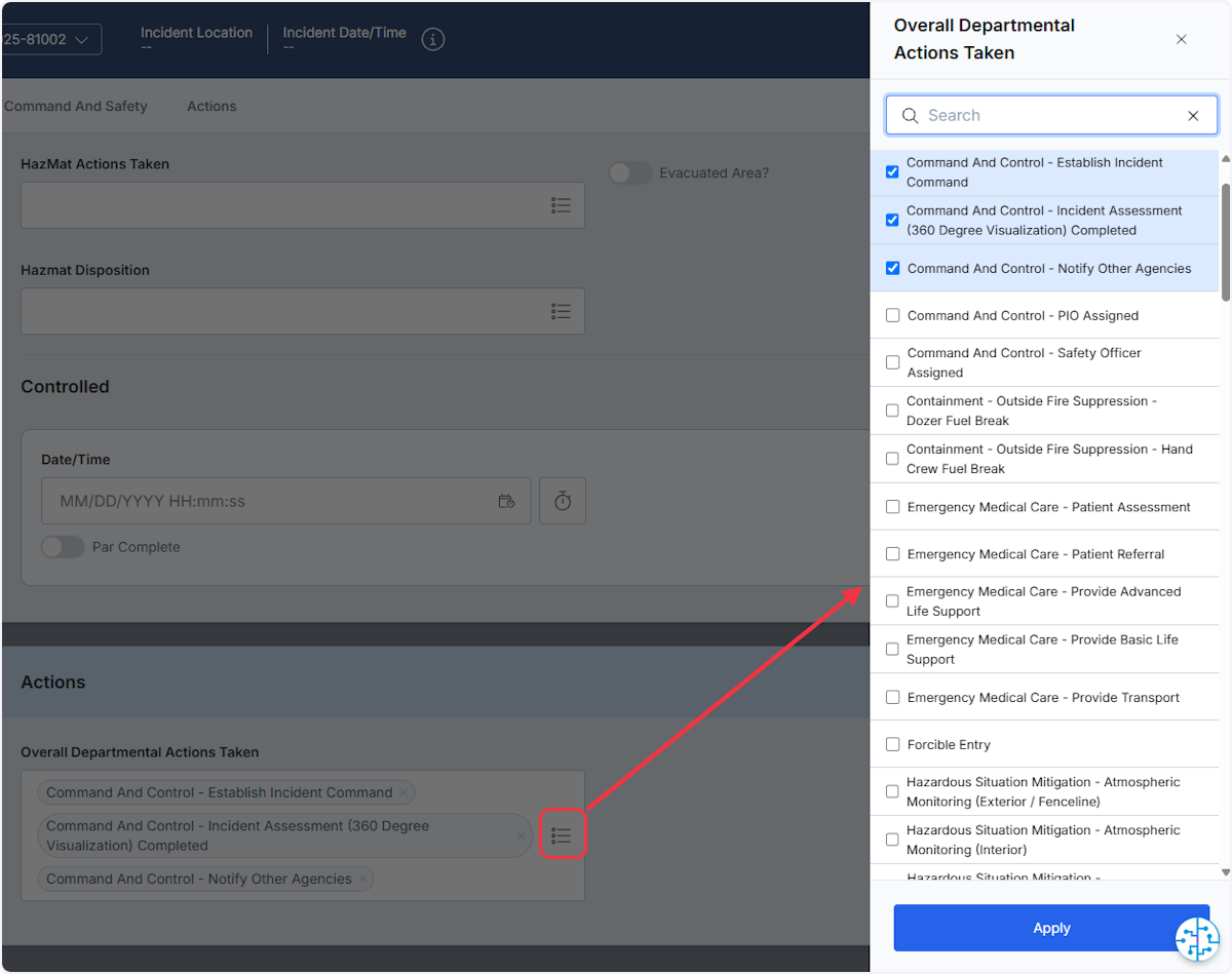 Selecting on the icon will bring up the list view, select all actions taken the select Apply.