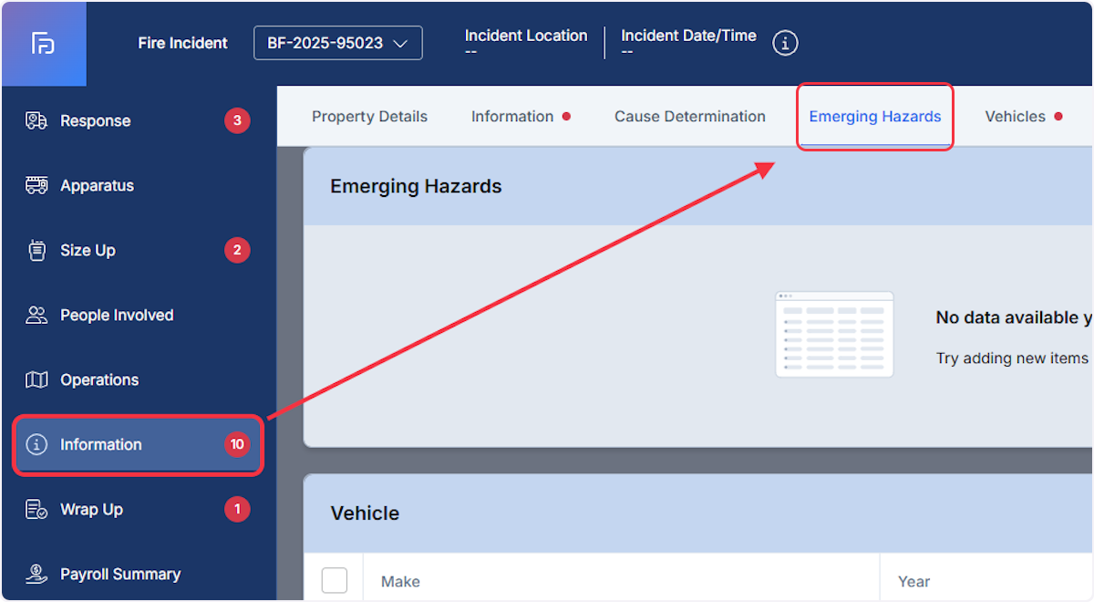 From the Information section select on the Emerging Hazards tab.