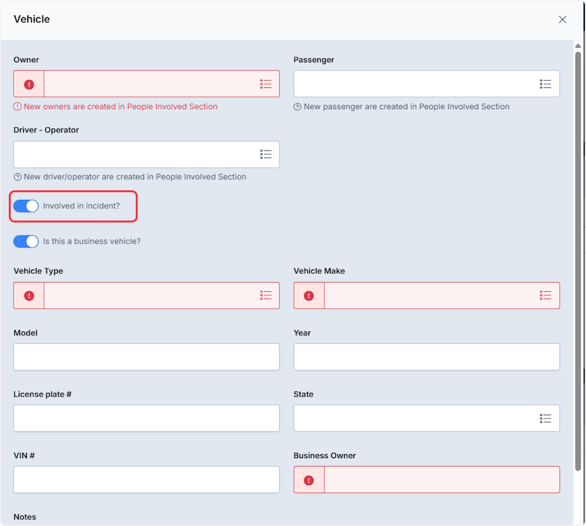 If Involved in incident is enabled required fields will be required if not documented.