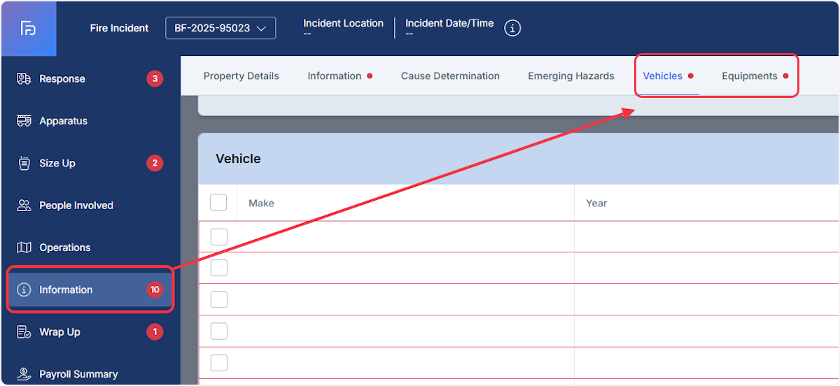 From within the Information section select either Vehicles or Equipments.