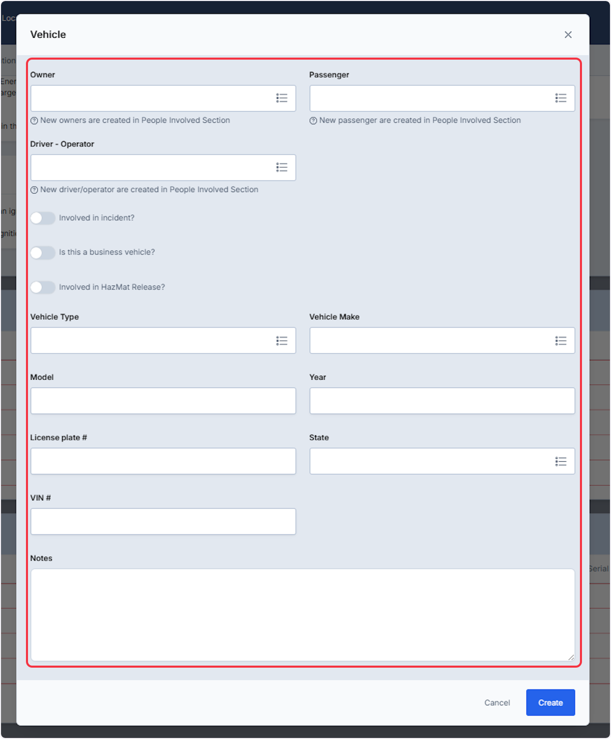When adding a Vehicle enter information then select Create.