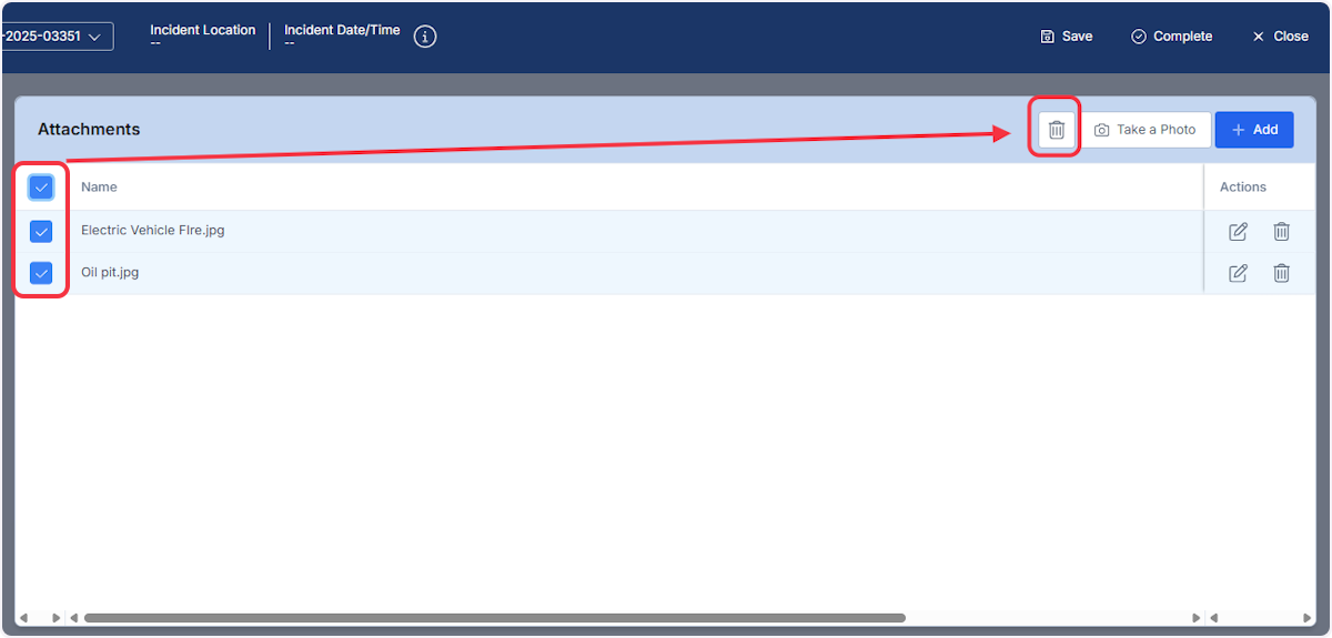 To bulk delete attachments use the check box to select which attachments to delete then select the trash can icon.