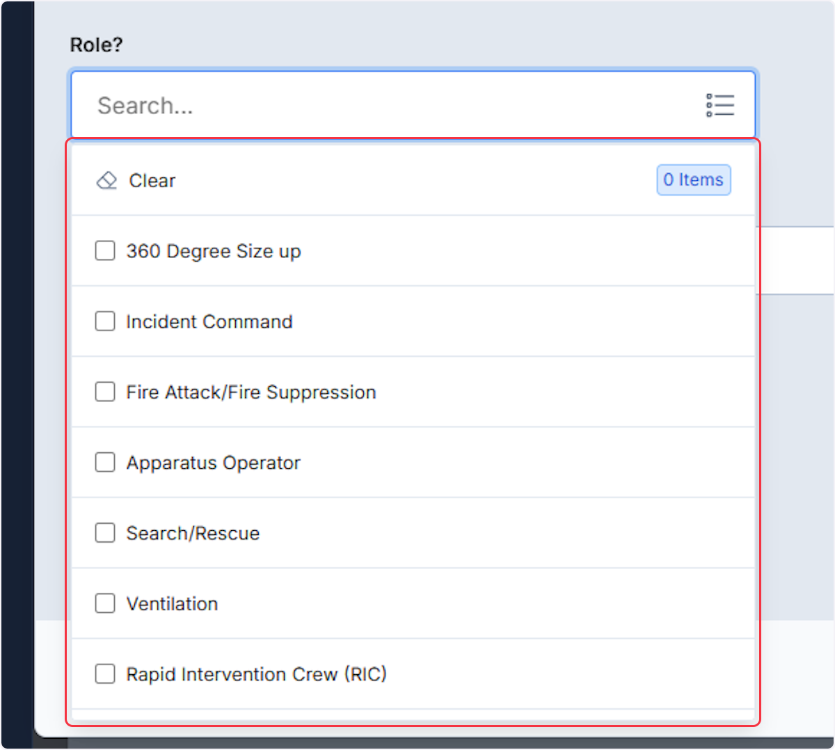 Document the role of the apparatus using the dropdown or list view, check all that apply.