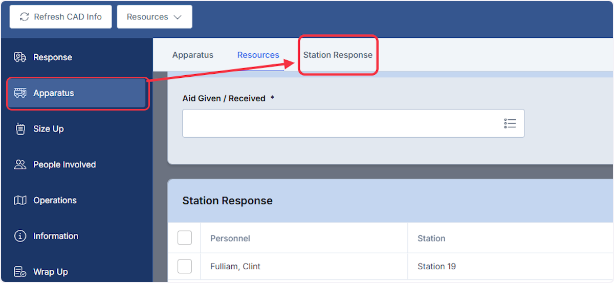 Within a Fire report navigate to the Station Response tab located in the Apparatus section.