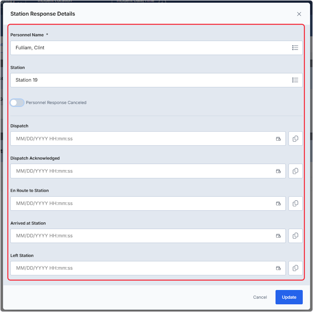 After selecting the edit icon from the Actions column will populate a modal to gather information.