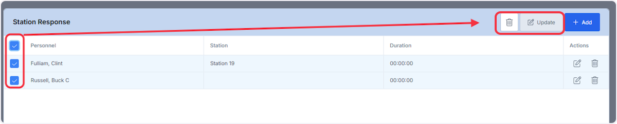 If you wish to bulk edit or remove personnel, select on the check box next to their names then select the Update or Trash can icon.