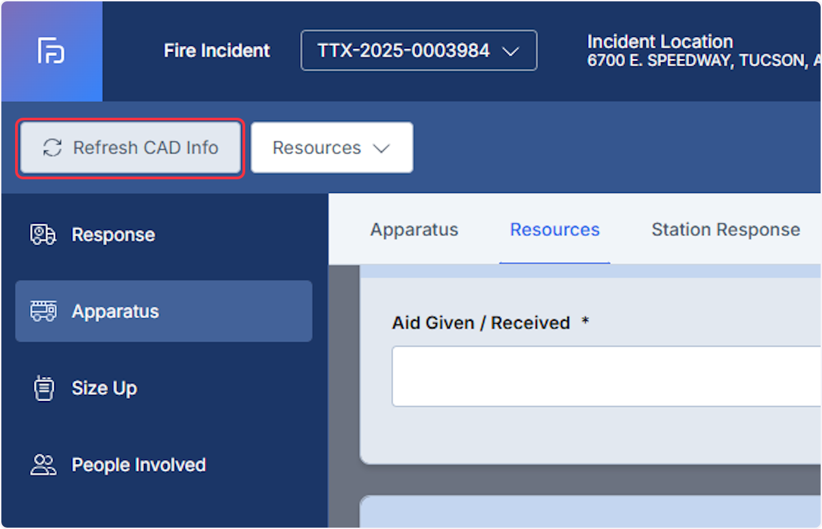 If your agency is utilizing the Station response buttons, personnel can automatically populate within the report or if the report was been started before Status buttons were used select the Refresh CAD Info to pull them in.