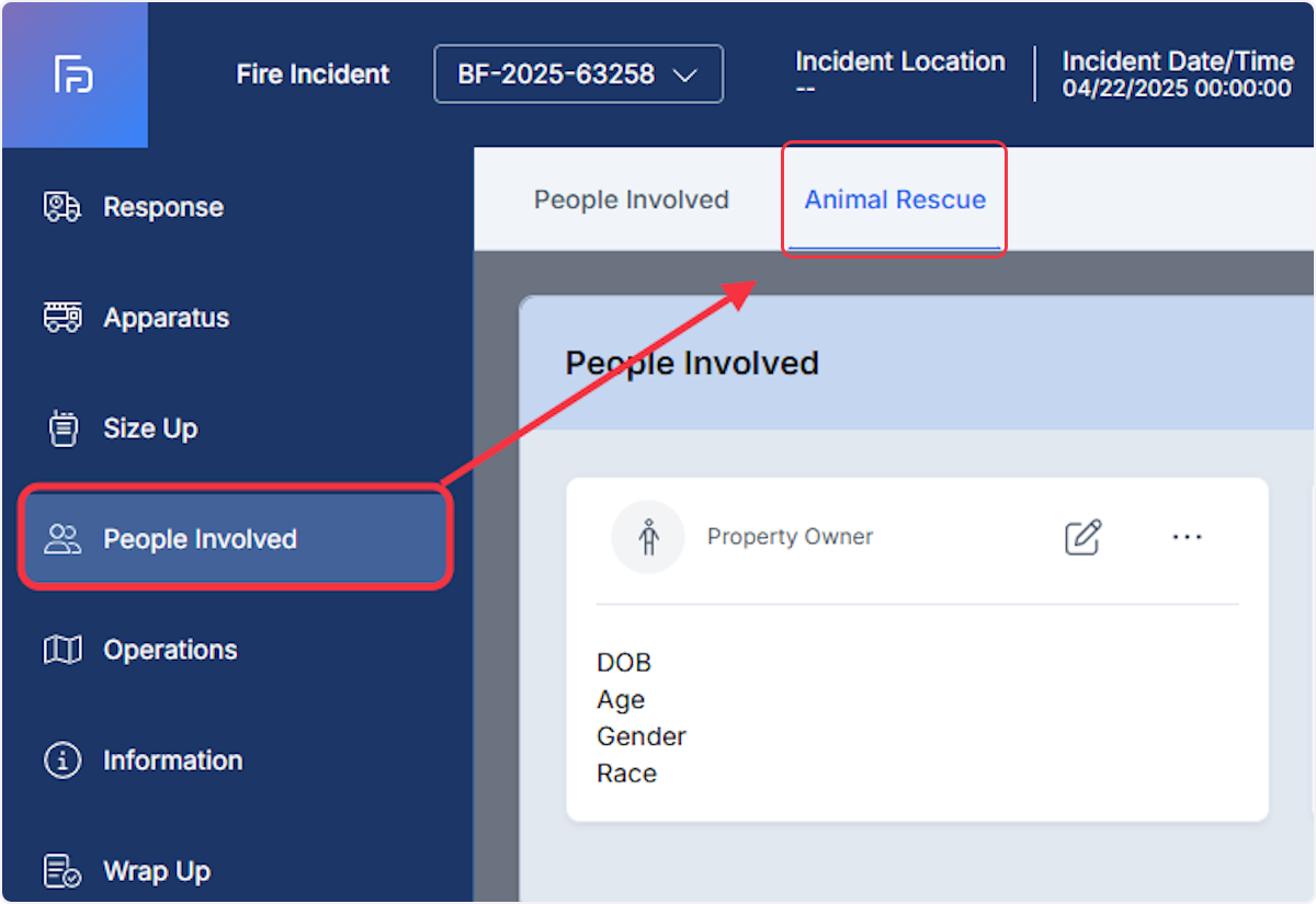 While in a fire report navigate to the People Involved section and select on Animal Rescue.