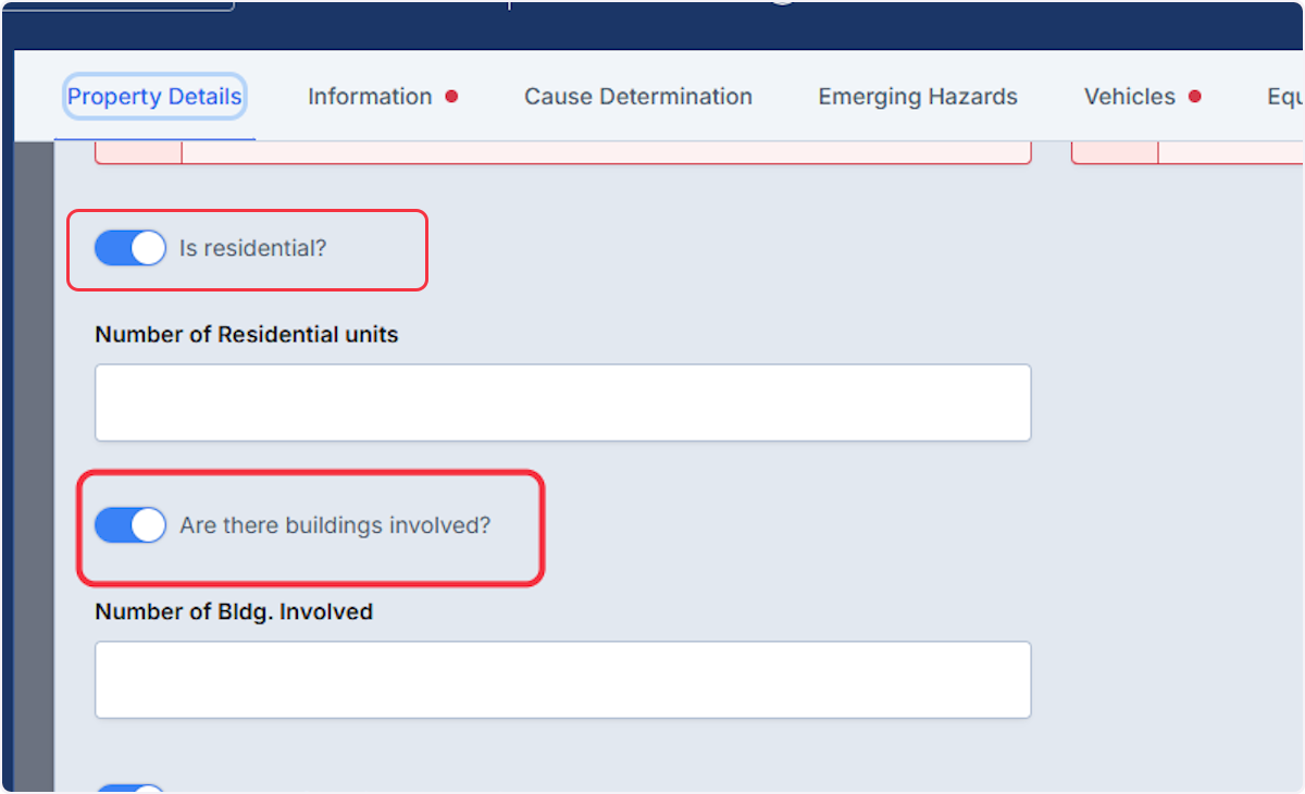 If the toggles are enabled notice you are able to add the number of residential units and the number to buildings involved.