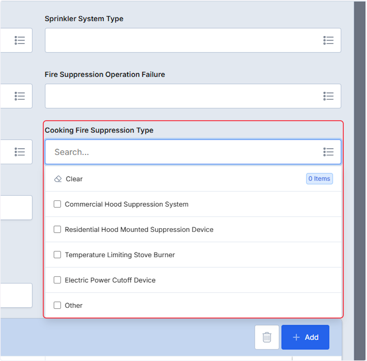Multi select fields include Detector Type, Sprinkler Type, and Cooking Fire Suppression Type.